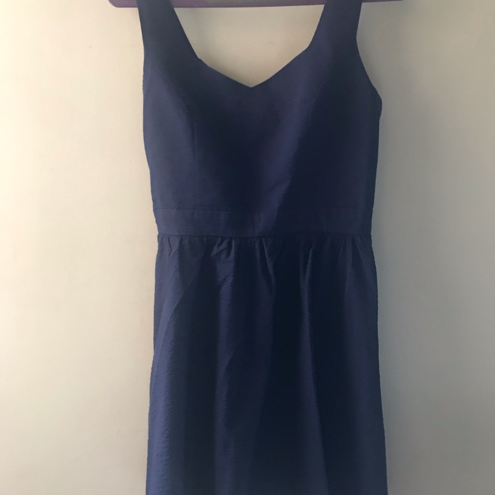 Navy Blue sear-sucker sweet heart neck dress